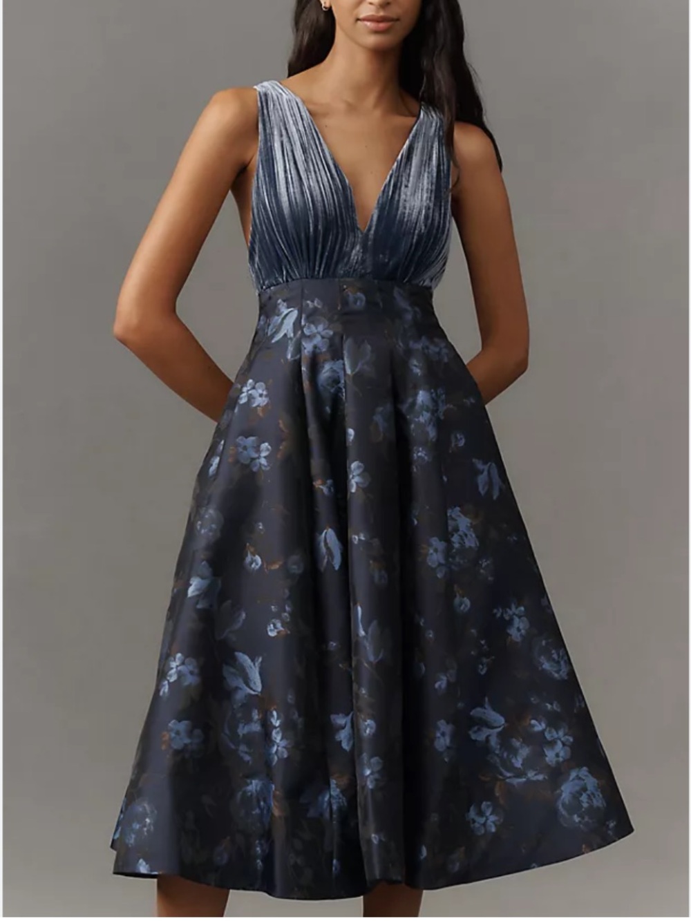 Maeve Anthropologie Blue Velvet V-Neck Jacquard A-Line Midi Dress